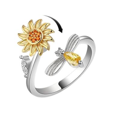 Imagem de LAIHUARYWA Girassol Fidget Ring Anxiety Spinner Anel Aberto Ajustável Anéis Margarida Aliviar Estresse Fidget Mulheres Zircônia Cúbica Anti Stress Humor Rotação Inspirações Joias Presente de
