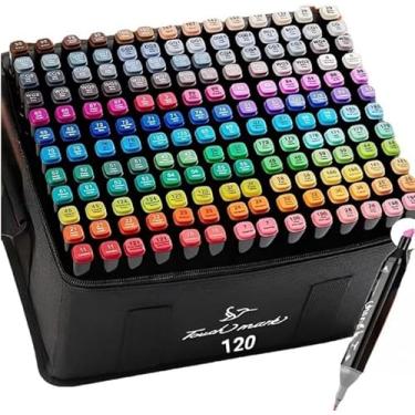 Imagem de Estojo Premium Caneta Ponta Dupla Tiktok Tampa por Cores Marcador Touch Permanente Canetinha Ponta Dupla para Desenho Lettering Profissional e Escolar Livros de Colorir Crianças (120 Cores)