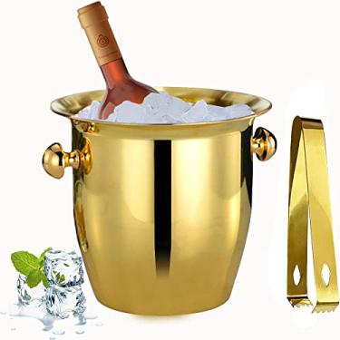 Imagem de Baldes de gelo - Balde de gelo champanhe com pinça, balde de gelo dourado de aço inoxidável espelhado refletor refrigerador de vinho para bar de coquetel cerveja vinho tinto bebidas festa, gelo