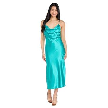 Imagem de MORGAN AND CO. Vestido midi chique de cetim com gola drapeada com alças finas - Vestido elegante sem mangas juvenil sem mangas, Jade, M
