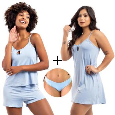 Imagem de Kit Camisola e Short Doll Sem Bojo Conforto + 2 Calcinhas - Viére, Azu