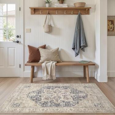 Imagem de Tapete de área para sala de estar – Tapete lavável vintage oriental envelhecido casa de fazenda pequeno fino para sala de estar quarto embaixo da mesa de jantar escritório em casa - azul creme