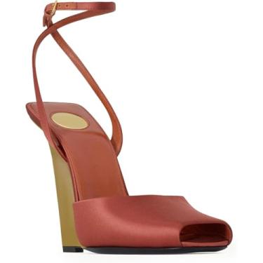 Imagem de CAGLGLZ Sandálias femininas Peep Toe com bico aberto, fivela e tira no tornozelo, salto cunha, couro envernizado, sapatos de verão sexy e elegantes, Ferrugem escura, 36 BR