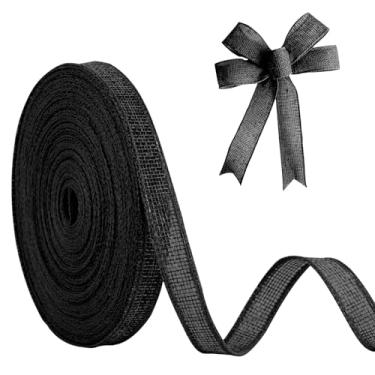 Imagem de JaoZuyard Fita de serapilheira preta 1,27 cm x 20 jardas, fita de linho natural, faça você mesmo, feita à mão, com fio, guirlanda de produção de bordas pretas, fitas de presente para presente de juta