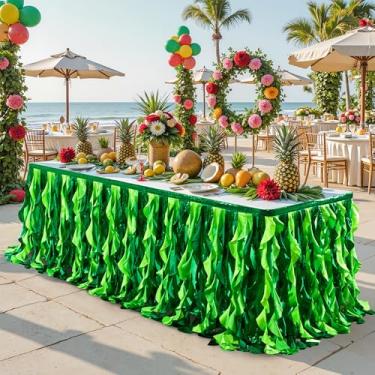 Imagem de Wish Care Saia de mesa de lantejoulas verdes de 5,2 m para mesas retangulares, saia tutu havaiana de salgueiro encaracolado, saia de mesa com babados para aniversário, chá de bebê, selva, luau, tema