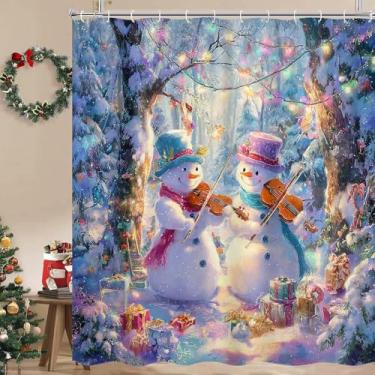 Imagem de Dizifinn Cortina de chuveiro de boneco de neve de Natal, feriado de inverno fofo boneco de neve tocando violino crianças Natal Ano Novo acessórios decorativos de banheiro cortina de chuveiro de tecido