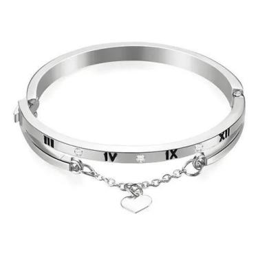 Imagem de Pulseira Feminina Número Romano E Pingente Coração Aço Inox  - Euro Im