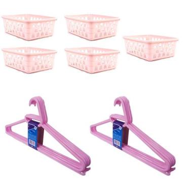 Imagem de Kit 5 Cestos Organizador Médio 20x15,5x6,5Cm+10Cabides Rosa - Trioplas