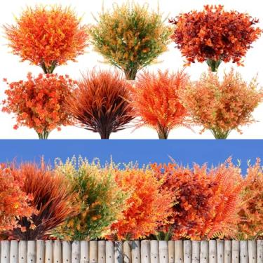 Imagem de Zeyune 70 pacotes de flores artificiais de outono para decoração ao ar livre, plantas falsas de outono, flores de plástico resistentes a UV, samambaia de Boston, eucalipto, para Ação de Graças, jardim