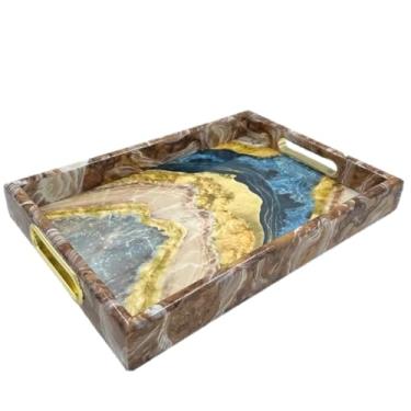 Imagem de Bandeja com efeito marmorizado com alças, material plástico e elegante 33 x 23cm, decorativa propria para servir café da manhã, lanche ou festas. (azul e amarelo)