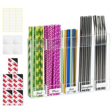 Imagem de Suporte de canudo de acrílico transparente premium para porta de armário e bancadas de cozinha – Organizador de canudo reutilizável com fita adesiva dupla face, tiras magnéticas autoadesivas e