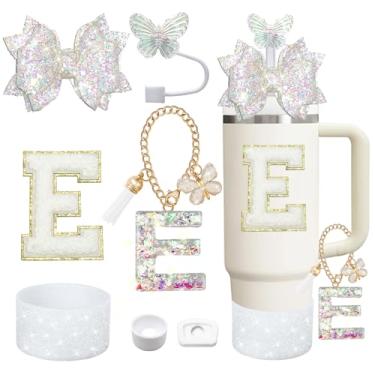 Imagem de Liangang Conjunto de acessórios de copo branco de 7 peças para Stanley 850 g 1,134 g, incluindo bota, tampa à prova de derramamento, capa de canudo de borboleta, letras adesivas, pingentes de letras