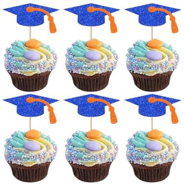 Imagem de Rsstarxi 30 Pack Class of 2025 Graduation Cap Cupcake Toppers Glitter Congrats Grad Cap Cupcake Picks for 2025 College Graduation Party Cake Decoration Supplies Blue Orange
