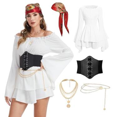 Imagem de DARFULA Pirate Costume Women Dress White Pirate Dress with Corset Necklace Bandana Headscarf Accessories (White, Small)
