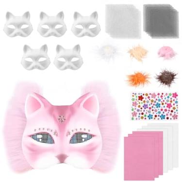 Imagem de DJAPWPX Kit de máscara de gato de papel, aumenta a diversão, kit de máscara faça você mesmo, estimula a criatividade, peça facial de gato atraente para festas temáticas (rosa)
