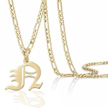 Imagem de Colar masculino com pingente de inicial banhado a ouro 14k Beleco – Colar com letra A-Z com corrente fígaro, joia com pingente de alfabeto de ouro personalizado em inglês antigo, Medium, Banhado a