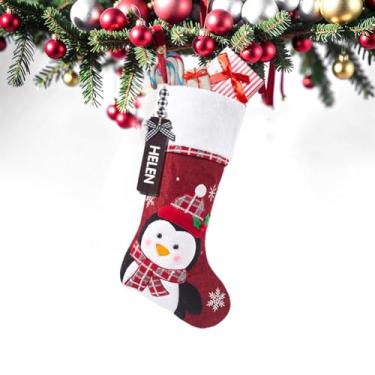 Imagem de Meias de Natal personalizadas com etiquetas de nome, meias vermelhas grandes de Natal de 45,7 cm, bolsa de presente para crianças, lareira, escadas, decoração de árvore de Natal (pinguim)