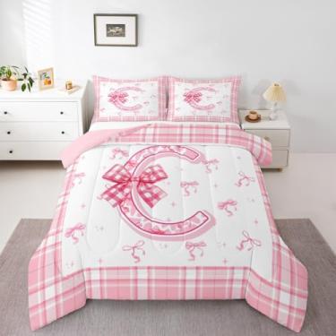Imagem de Erosebridal Conjunto de edredom com letra C com laço rosa, tamanho solteiro, com laço fofo do alfabeto, colcha para crianças, meninos, meninas, homens, presentes personalizados para mulheres e homens