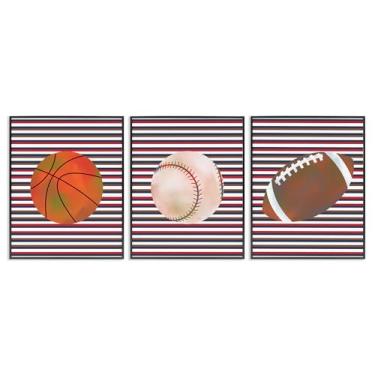 Imagem de Stupell Industries Conjunto de arte giclée emoldurado preto com listras e bolas esportivas, design de Marcus Prime, 20 x 16