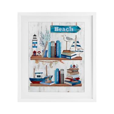 Imagem de Stupell Industries Livros náuticos na prateleira impressão emoldurada branca sob vidro, design de Emma Leach, 53 x 43 cm