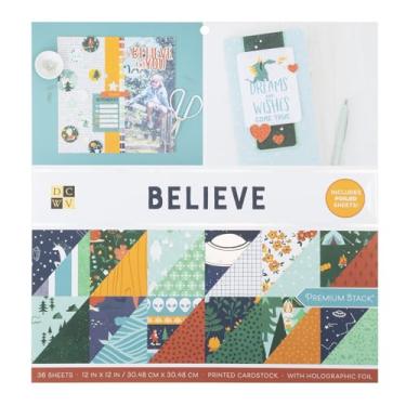 Imagem de DCWV Papel cartolina impresso 30 x 30 cm, 36 folhas de papel para scrapbook para artesanato e confecção de cartões, cartolina dupla face resistente com detalhes em folha - Believe