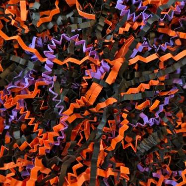 Imagem de Corlcol Enchimento de papel amassado de 200 g para cestas de presente, caixa de presente, decoração de fragmentos de papel no dia das bruxas (laranja, preto e roxo)