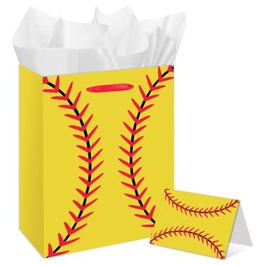 Imagem de Bolsa grande de presente de festa de softball, com papel de seda e cartão comemorativo para meninas, mulheres, aniversários, lembrancinhas, esporte, aniversário, brindes, presentes de equipe