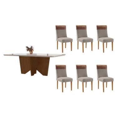 Imagem de Conjunto Sala de Jantar Nevada c/ Tampo Madeirado c/ Vidro Canto Curvo 180x90cm e 6 Cadeiras Jaspe Madeira Maciça Naturale/Off White - Capuccino/Suede