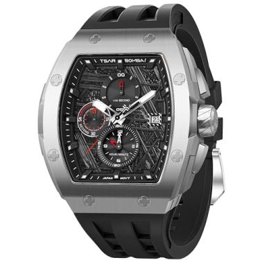 Imagem de TSAR BOMBA Relógios masculinos de quartzo, à prova d'água, 50 m, luxuoso, relógio de pulso com cronógrafo, calendário, data, trabalho, trabalho, prata