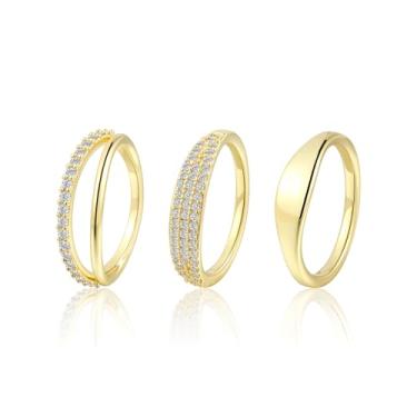 Imagem de Sargetou Conjunto de anéis de ouro 3 peças para mulheres delicados anéis banhados a ouro 14K CZ anéis de ouro empilháveis para mulheres tamanho 6-10, 7, Latão, Sem pedra preciosa