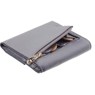 Imagem de Carteira pequena compacta com bloqueio de RFID, porta-moedas, porta-moedas com três dobras, porta-cartões de crédito, bolso para mulheres, Cinza Napa, Bonito