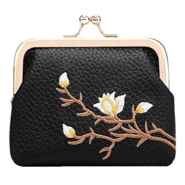 Imagem de Mini porta-moedas para mulheres, bolsa com fecho floral bordada, pequena bolsa de armazenamento de batom, carteira de couro sintético, Preto