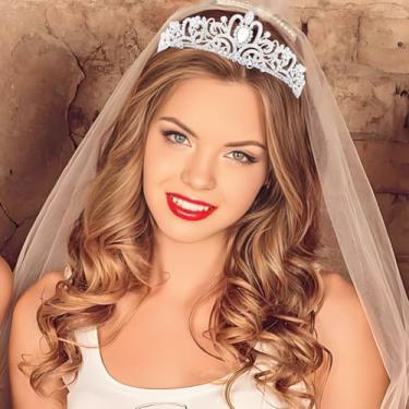 Imagem de Coroa de casamento de cristal, tiaras de noiva prateadas com pente e coroas de strass, tiara de cabeça de princesa para festa de formatura