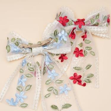 Imagem de 3 peças Bud Silk Flower Hair Bow Clip com flores bordadas, folha, lindos laços, presilhas de cabelo, acessórios de cabelo para mulheres