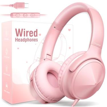 Imagem de VkingMoR Fones de ouvido USB C com fio, USB C com fio, com microfone, controle de volume, som estéreo HD, fone de ouvido USB tipo C dobrável e leve, rosa