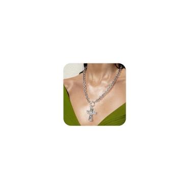 Imagem de Punhem Colar de ouro grosso para mulheres – Cruz martelada banhada a ouro 14K, trevo, coração, pingente de pérola barroca, moderno, delicado, não mancha, corrente grossa, pingente com fecho de botão