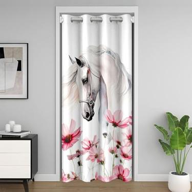 Imagem de Cortina de porta de cavalo branco 132 cm L x 213 cm C estilo ocidental impressão de tinta floral cortina blackout para porta de armário flores animal tapeçaria para corredor sala de estar