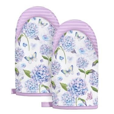 Imagem de Slohif Conjunto de mini luvas de forno – Luvas de cozinha longas azuis resistentes ao calor para mulheres, luvas de forno 100% algodão com aderência de silicone, antiderrapantes e duráveis para