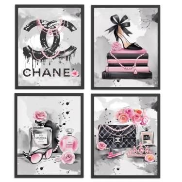 Imagem de 4 peças de arte de parede cinza e rosa, bolsas de perfume com flores rosas, impressões modernas para mulheres, meninas, quarto, apartamento, vogue, decoração de sala de estar (20 x 25 sem moldura)