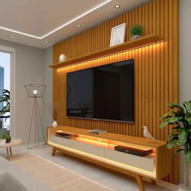 Imagem de Rack com Painel Ripado para TV até 75 Polegadas LED 3 Gavetas com Pés 230cm Nobre Gelius Naturale Gelius Móveis - Marrom