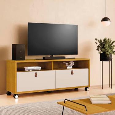 Imagem de Pequim Rack para TV em MDP e MDF, Naturale/Off White, 2 Gavetas com Corrediças Telescópicas, para TV até 55 Polegadas, 145x57x39.5cm, 5 Rodízios