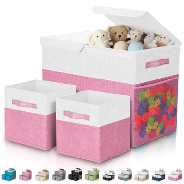 Imagem de Fiwochic Pacote com 3 caixas de armazenamento de brinquedos grandes de 58 cm com caixas de armazenamento de cubos de 28 cm, baú organizador de brinquedos dobrável com tampas para berçário, sala de
