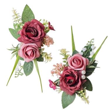 Imagem de WIHUZIU 2 peças de flor na lapela para homens – flores de decoração de terno para noivos e padrinhos, perfeita para casamento, formatura, baile, aniversário, formatura (bordô)