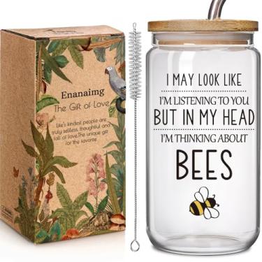 Imagem de Beekeeper Farmer Copo de vidro de 473 ml com tampa e palha, presentes de Natal para amantes de abelhas, amigos de designer - I May Look Like I'm Listening But In My Head I'm Thinking About Bees