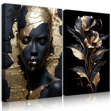 Imagem de 2 peças de arte de parede de mulheres afro-americanas em ouro preto decoração de parede linda retrato de mulher com flores douradas para quarto, sala de estar, corredor, pronto para pendurar 40 x 61