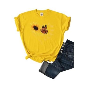 Imagem de Camisetas Femininas de Verão - Manga Curta, Estampas de Girassol, Borb