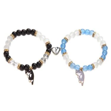 Imagem de DATOA 2 peças de pulseiras fofas de desenho kawaii de gato da amizade de casal pulseiras de coração de animais Y2k pulseira colorida com contas de vidro para mulheres e homens, adjustable, Pedra, Sem