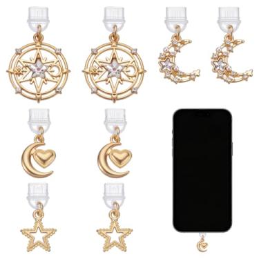 Imagem de PH PandaHall 8 peças de pingentes de plugue de poeira, 4 estilos, lua oca, estrela, amuletos de telefone com strass, protetores de porta de carregamento tipo C, plugue de porta de carregamento a