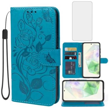 Imagem de Vavies Capa para Galaxy A56 5G Capa/Galaxy M56 Capa carteira com protetor de tela de vidro temperado, flor de couro flip suporte para cartão de crédito capa de telefone para Samsung Galaxy A56 5G azul