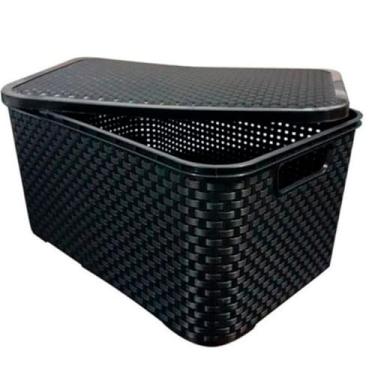 Imagem de Caixa Organizadora Empilhável Rattan, 7 Litros, Plástico Polipropileno, Preta, Retangular, Design Vazado, 16x28x18 cm